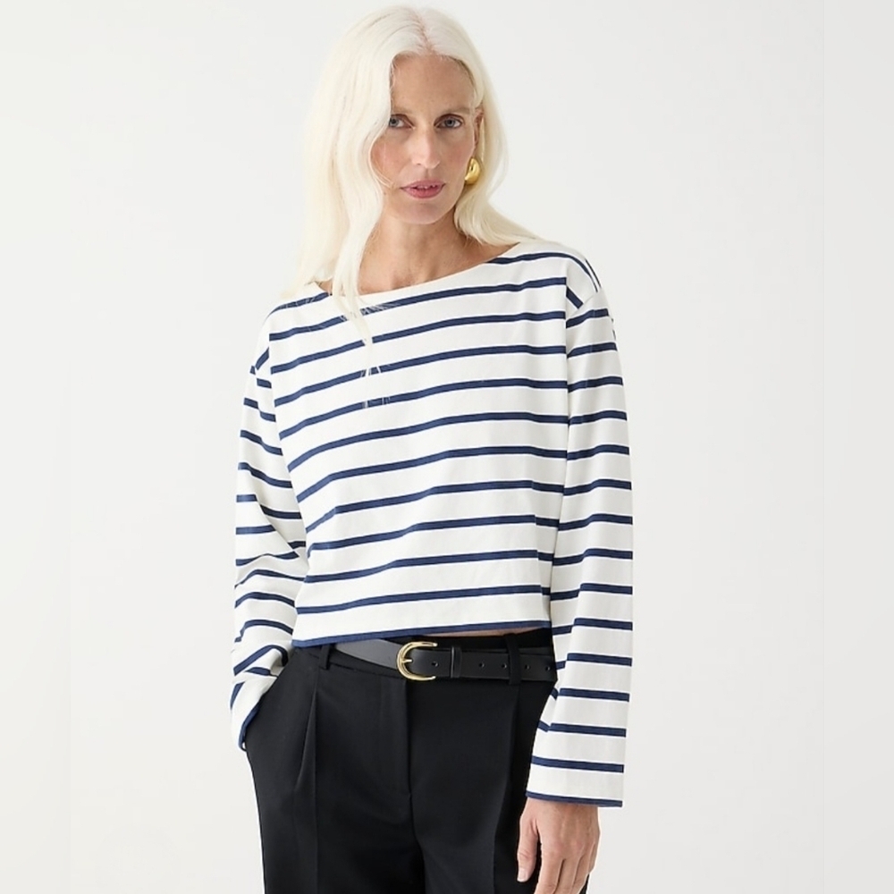 J. Crew Cropped Blue White Stripe Long Sleeve Top M
